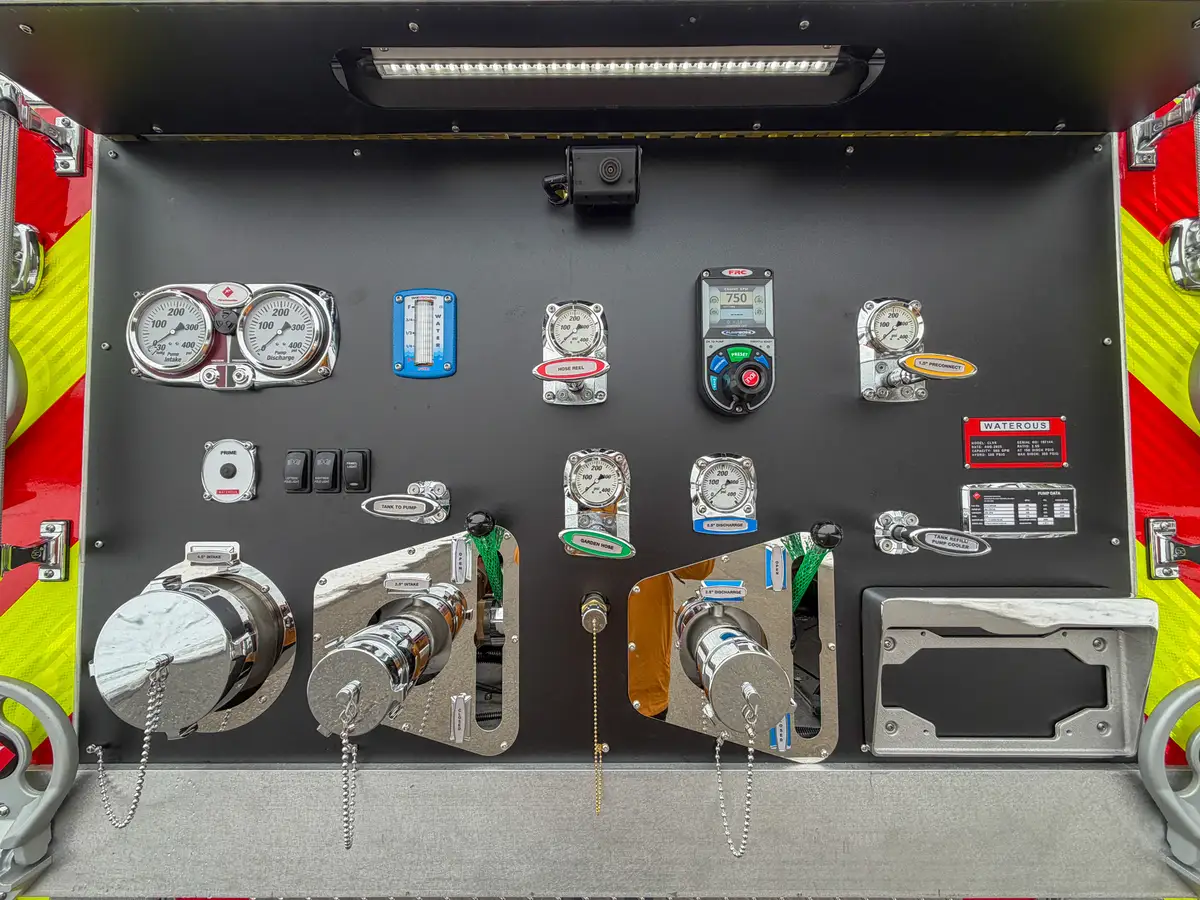 Close-up of rear pump controls, switches, and gauge cluster.